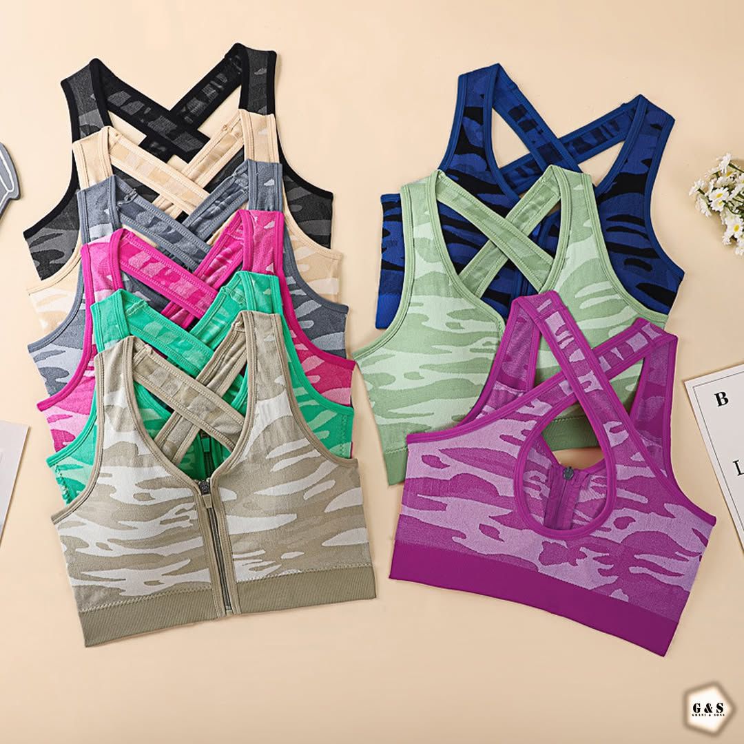 (36-40)Cross Neck Front Zipper Sports Bra (049)
